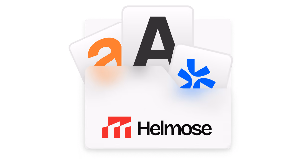 White folder with red Helmos logo containing cards with letters A, a, and a blue symbol.