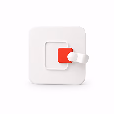 White square light switch with a red toggle switch in the center on a white background.