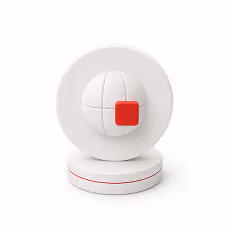 Modern white spherical device with vertical grooves and a small red square on a circular base.