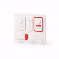3D UI panel with two sections, one outlined in red with sliders and buttons on white background.