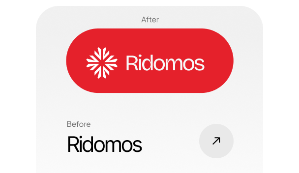 Comparison showing Ridomos logo before with black text and after with red background and white text plus a snowflake symbol.
