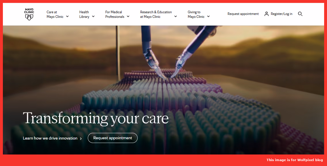 Mayo Clinic homepage, a healthcare web design example using robotic-surgery imagery and a bold Transforming your care headline