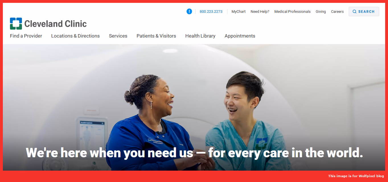 Cleveland Clinic healthcare website design featuring smiling clinicians and the here for every care in the world tagline