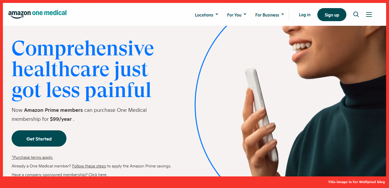 Amazon One Medical landing page showcasing clean healthcare web design for comprehensive, less painful primary care;