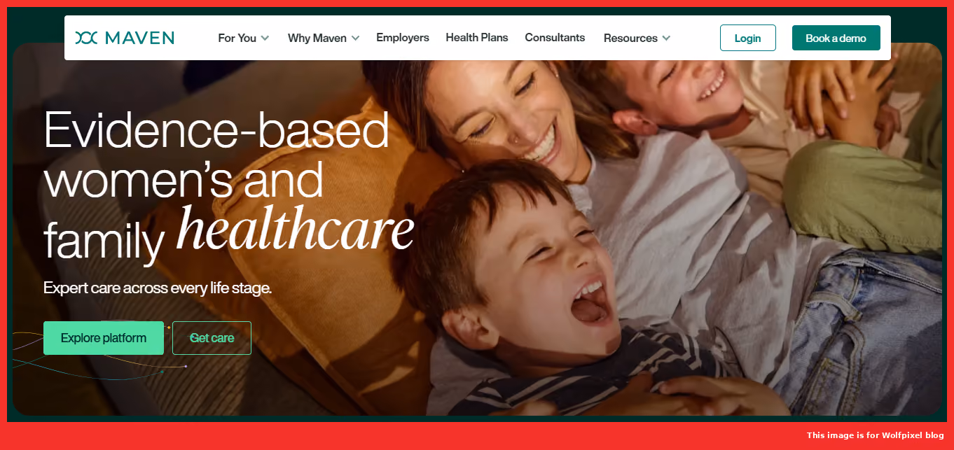 Maven Clinic healthcare UI design with a joyful family hero and evidence-based women's and family healthcare messaging