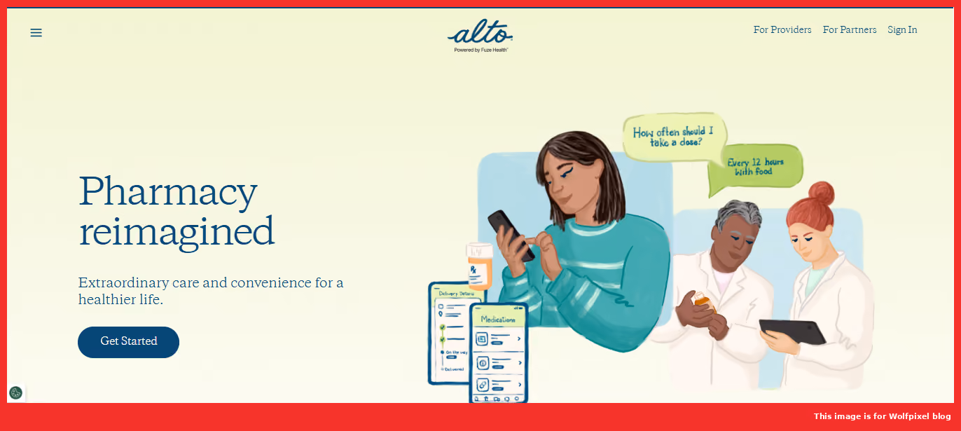 Alto Pharmacy healthcare website design illustrating app-based medication delivery beside a Pharmacy reimagined headline