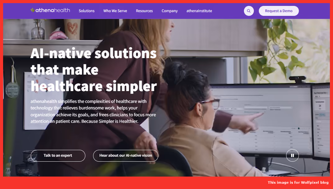 athenahealth homepage with modern healthcare web design promoting AI-native solutions that simplify clinical work