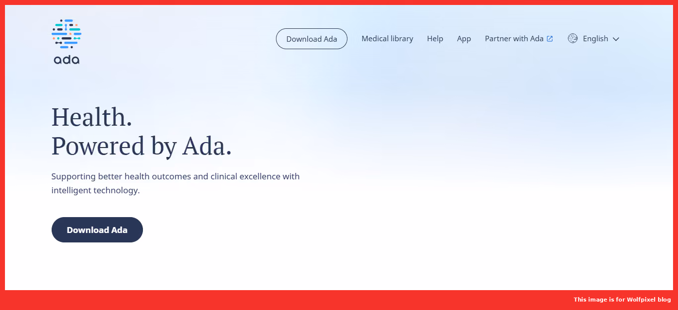 Ada Health homepage highlighting minimal healthcare UX design and its Health, powered by Ada symptom-assessment branding