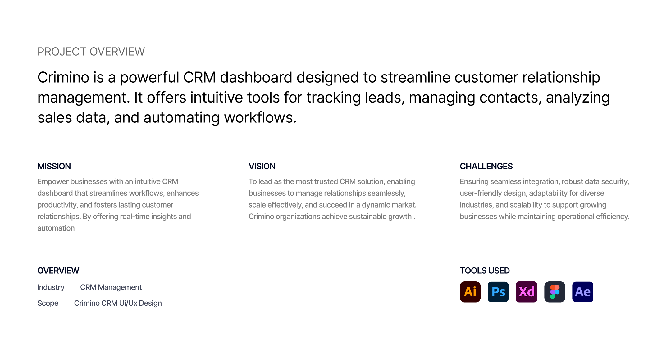 Crimino CRM project overview, mission, vision, and challenges