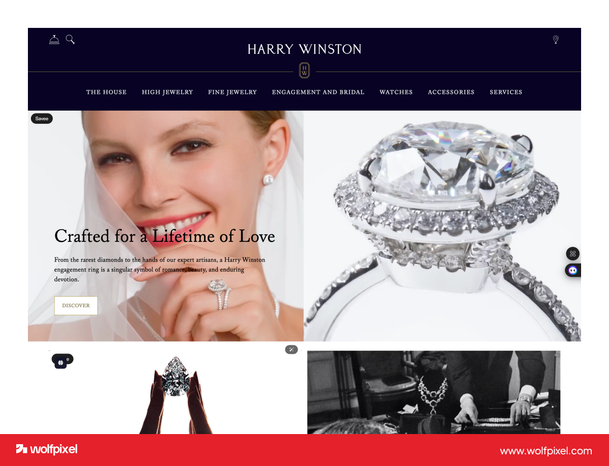 Harry Winston minimalist luxury jewelry website design.