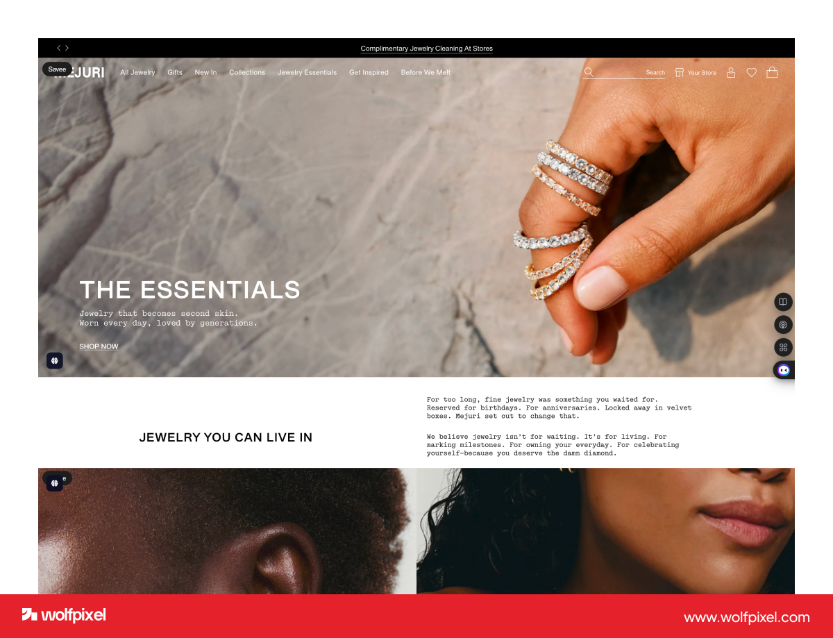 Mejuri minimalist jewelry website design example.