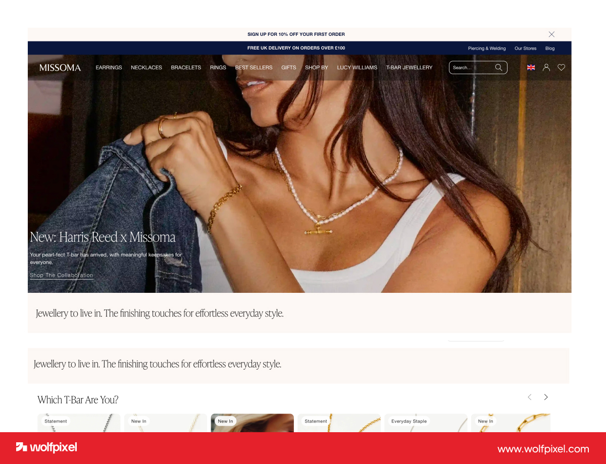 Missoma Layering Lab, an interactive jewelry website design feature.