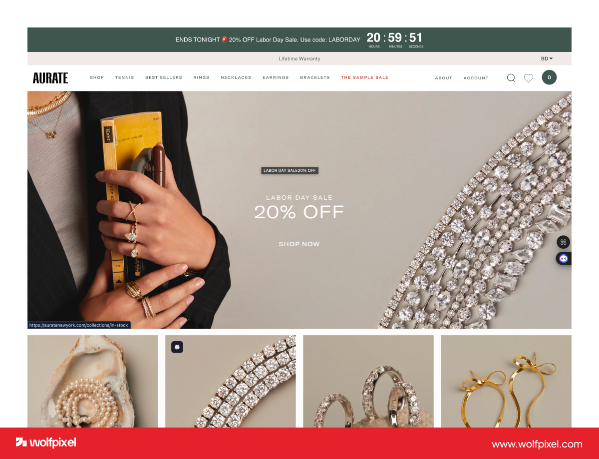 Aurate values led jewelry website design example.