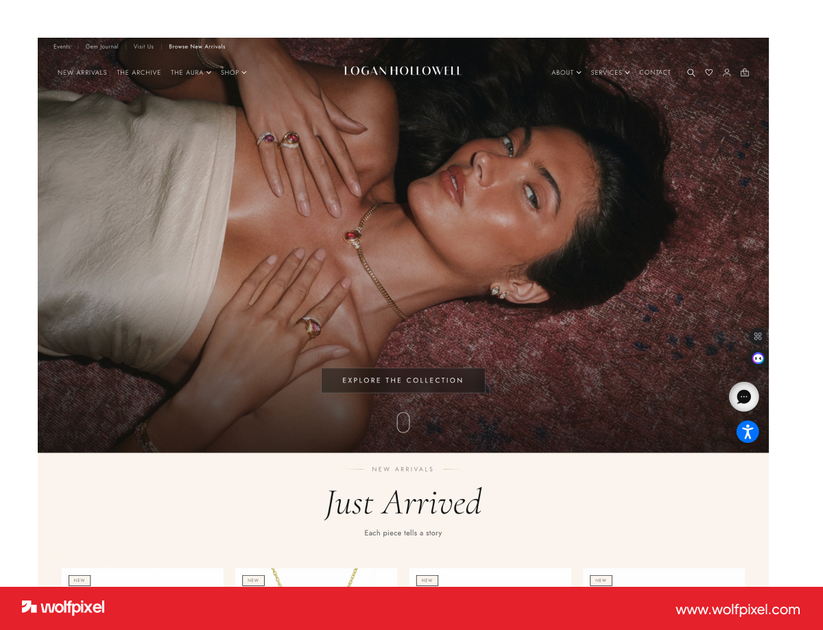 Logan Hollowell custom jewelry website navigation example.