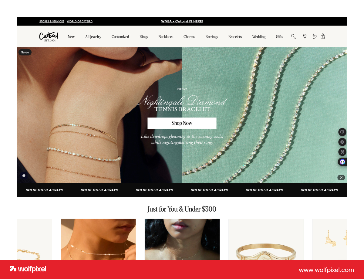 Catbird indie jewelry website design example.