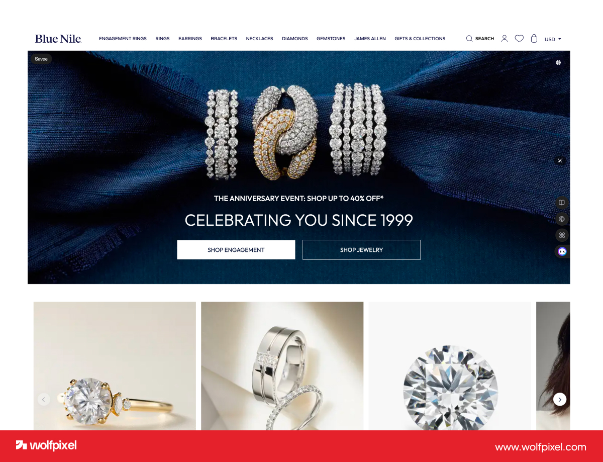 Blue Nile ring builder jewelry website design example.