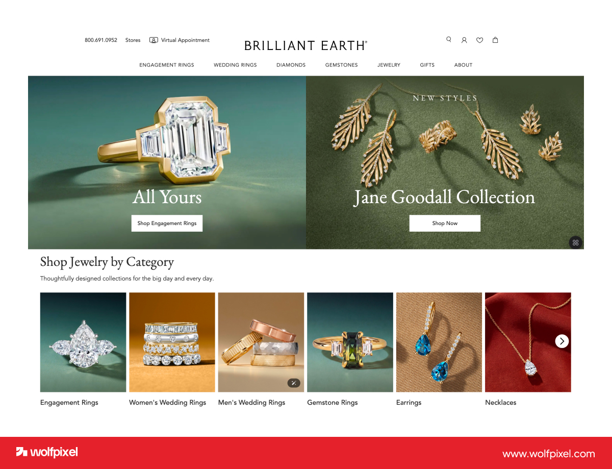 Brilliant Earth virtual try on ring builder website feature.