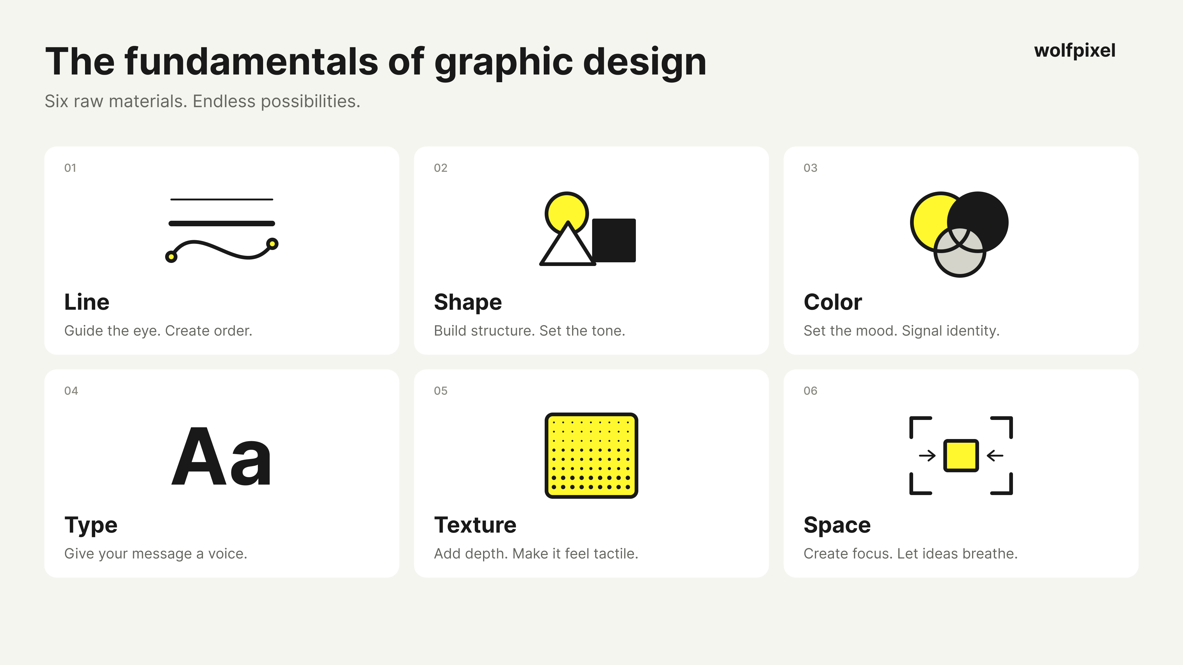 Six-icon grid showing the fundamental design elements