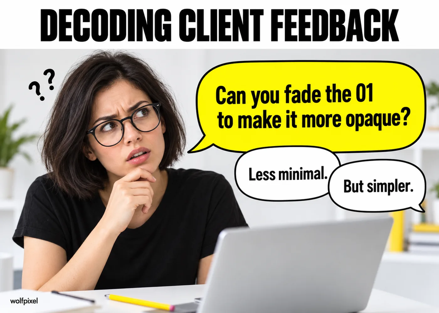 Confusing client feedback graphic design meme with a puzzled designer and contradictory speech bubbles