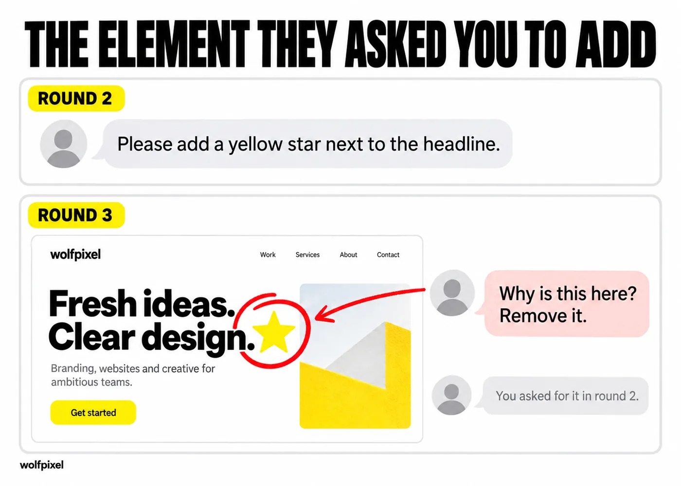 Client feedback contradiction meme showing a client asking to remove the star they requested in round 2
