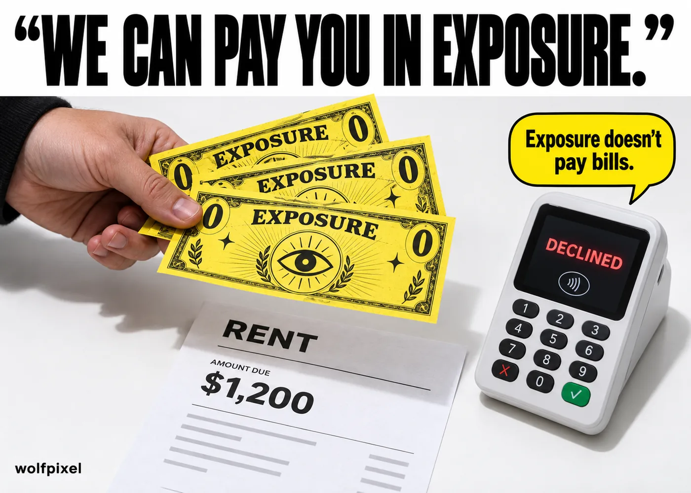 Exposure instead of payment graphic design meme with fake exposure bills and a declined card reader