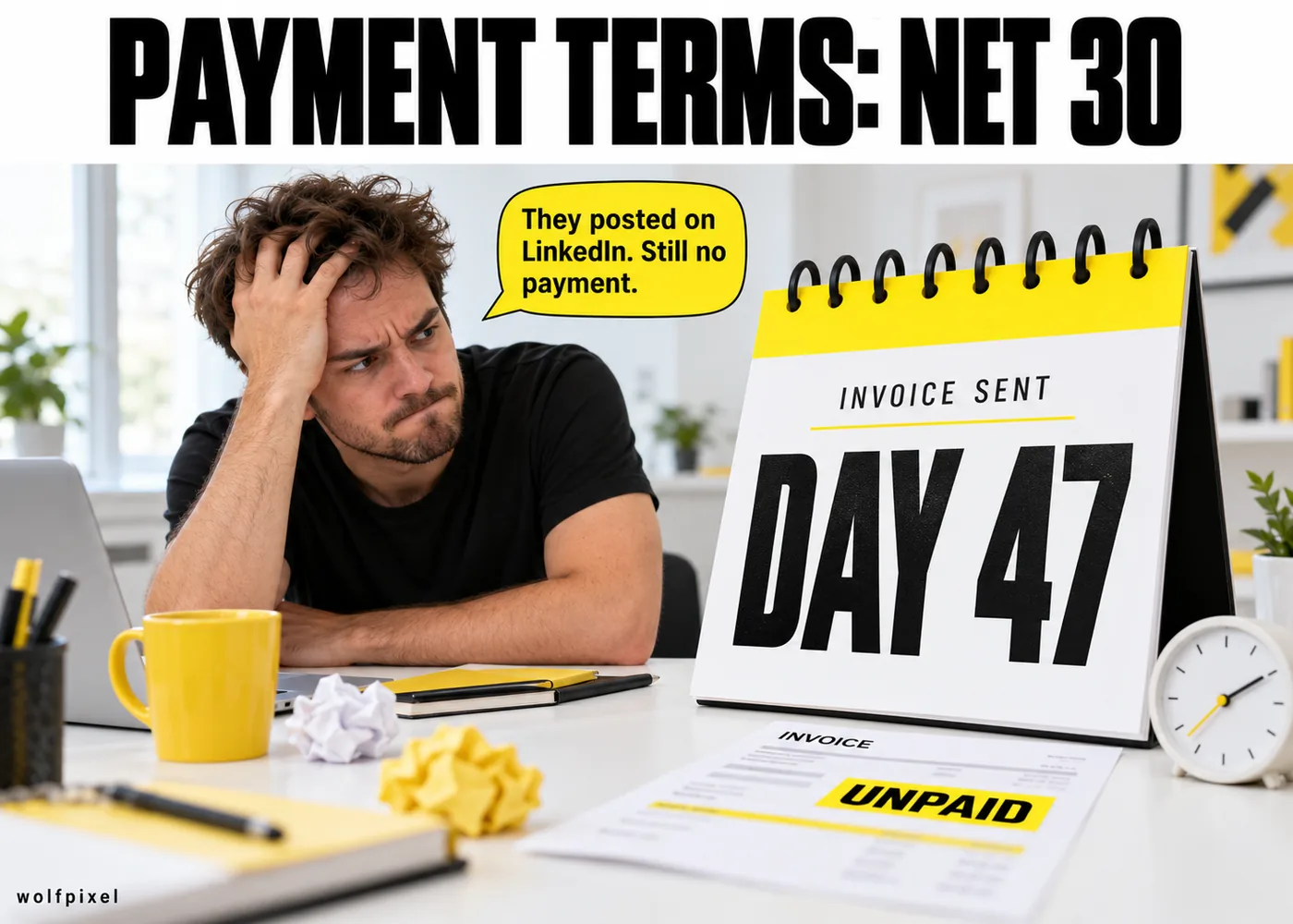 Late payment invoice meme with a frustrated designer beside a calendar reading day 47 unpaid