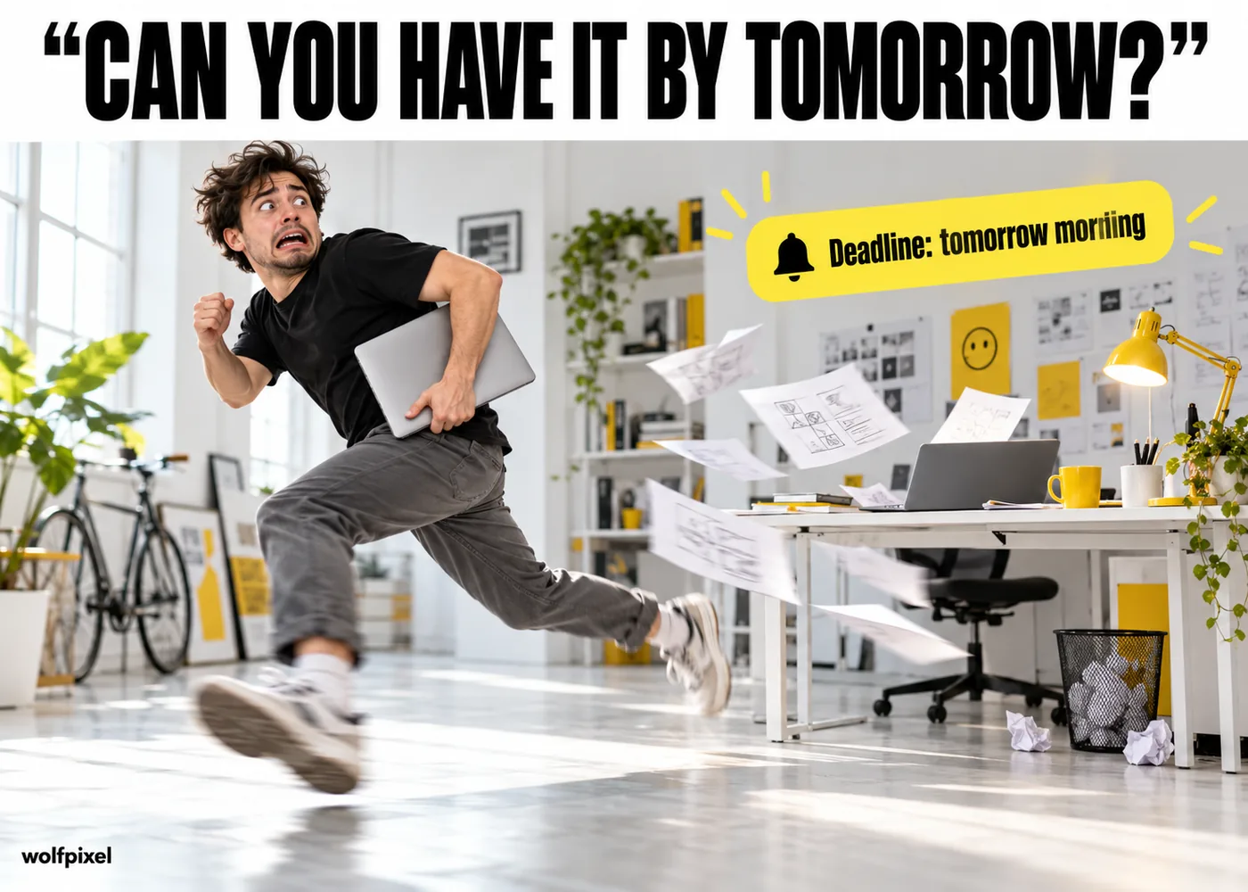 Surprise deadline graphic design meme with a designer running out of the studio holding a laptop