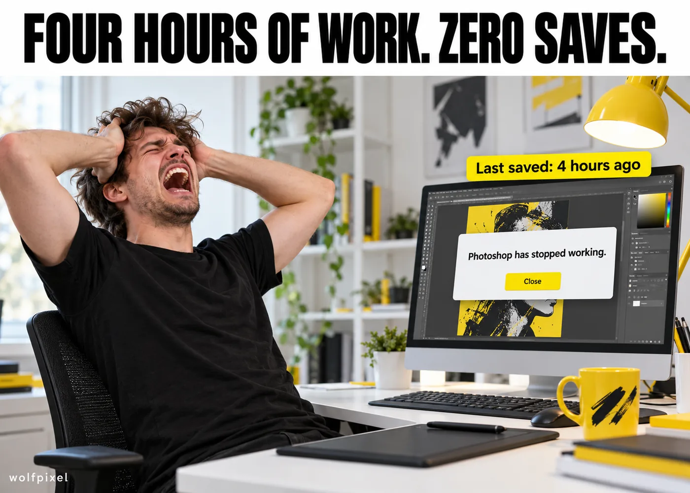 Photoshop crash meme graphic design with a designer screaming at a Photoshop has stopped working error