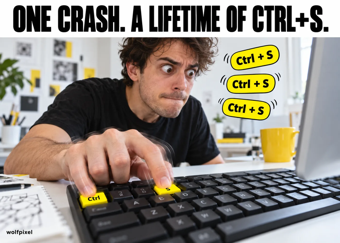 Compulsive saving habit meme graphic design with a wide eyed designer pressing Ctrl+S repeatedly