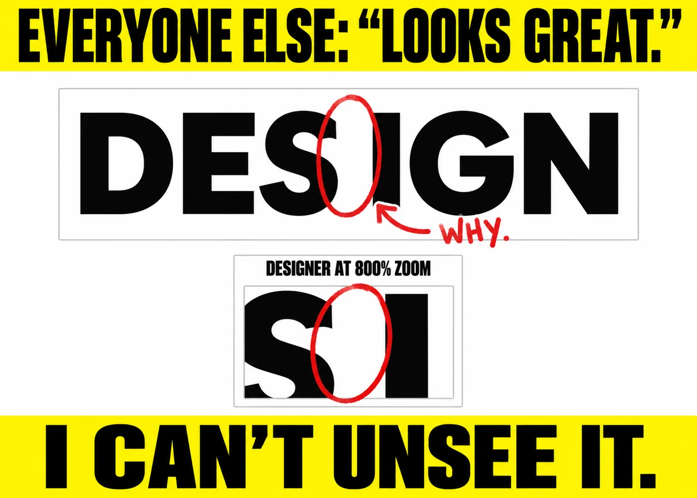 Kerning mistake meme graphic design with a red circle around a letter spacing gap at 800 percent zoom
