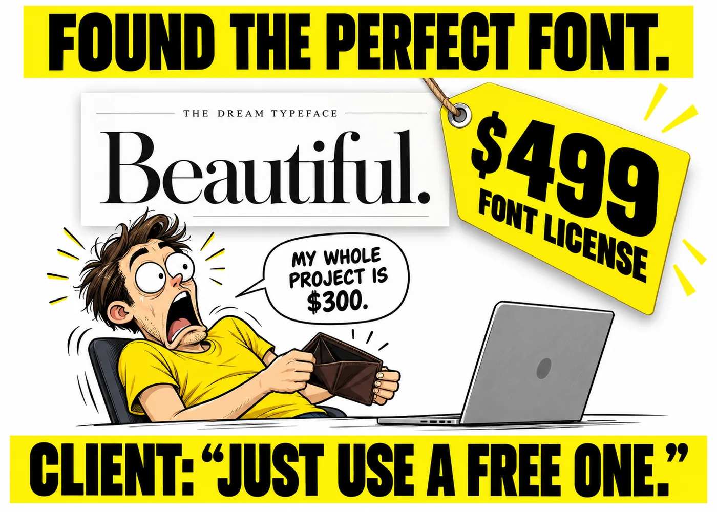 Expensive font license meme graphic design with a shocked designer facing a 499 dollar price tag