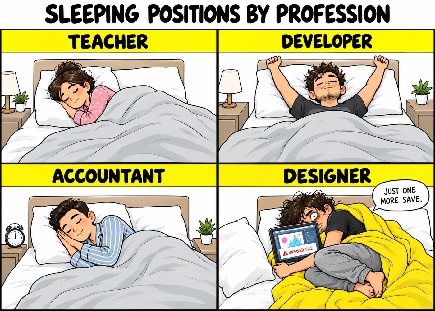 Designer sleeping position meme with teacher, developer, accountant and a designer curled around an open laptop