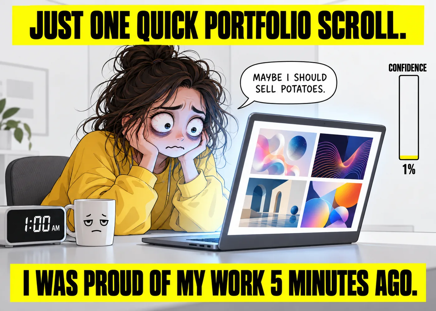 Portfolio comparison imposter syndrome meme graphic design with a defeated designer at 1am and confidence at 1 percent