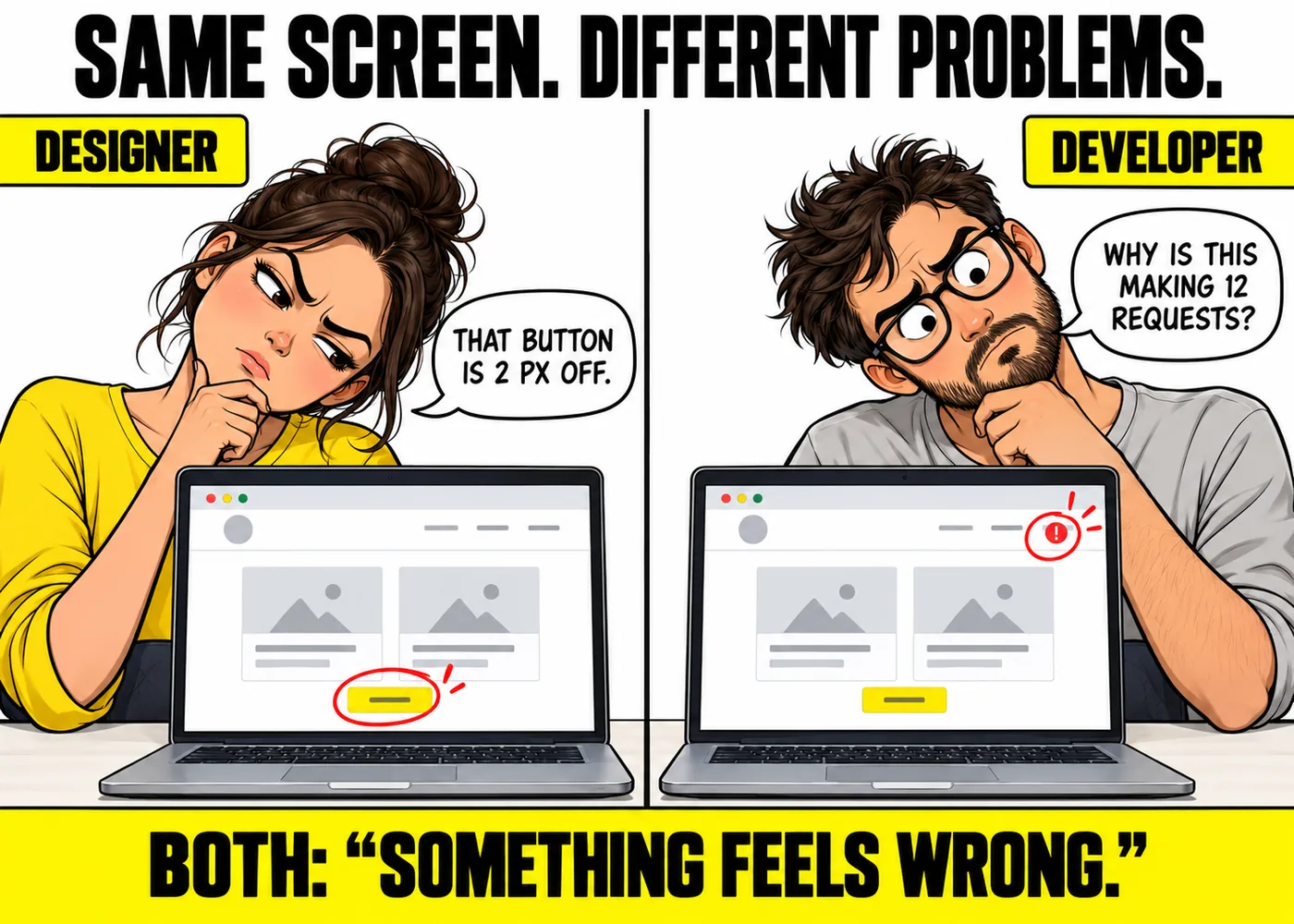 Designer versus developer meme graphic design, designer spots a 2px button issue while developer sees 12 requests