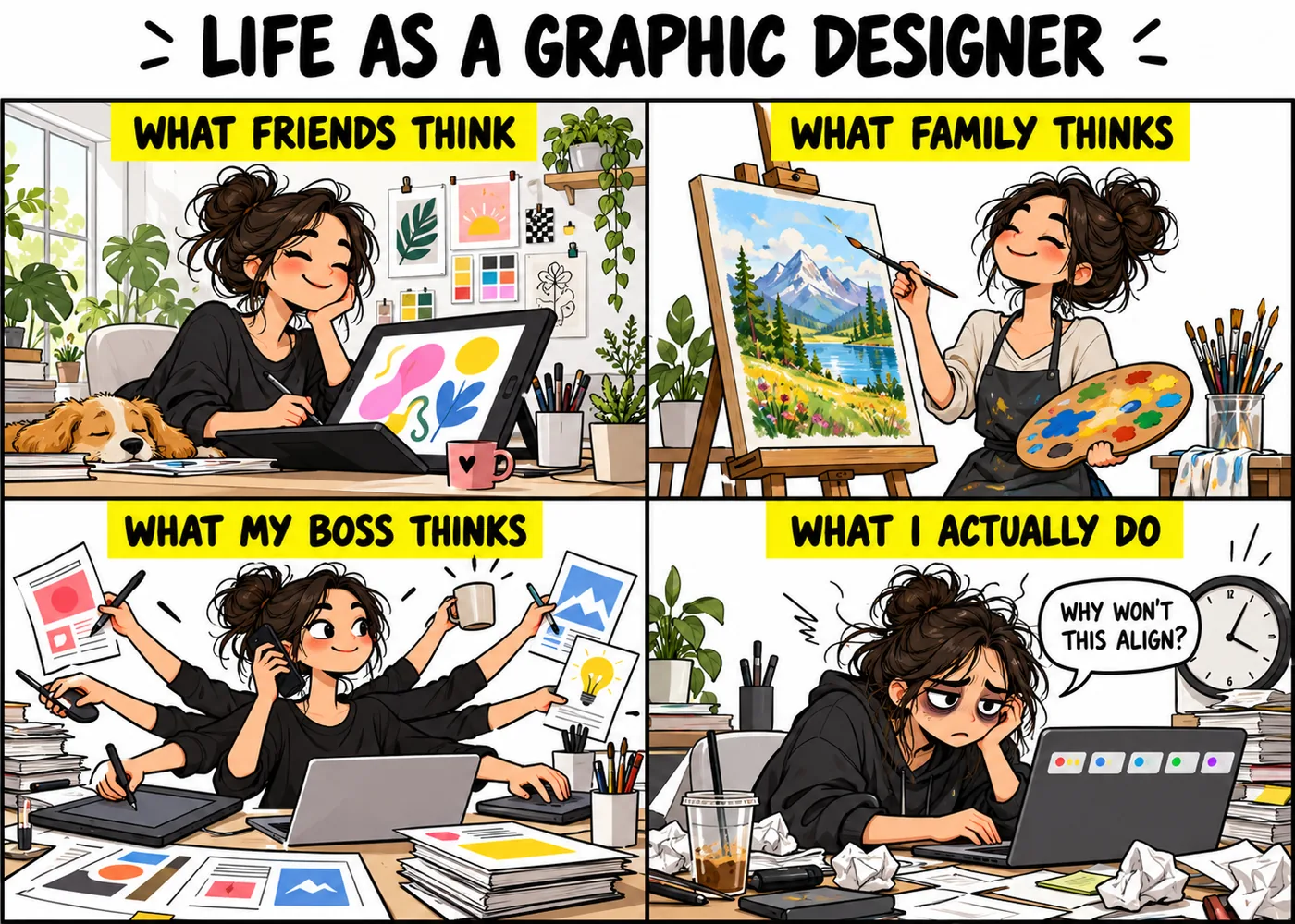 What people think designers do meme graphic design, four panels from friends, family, boss and reality