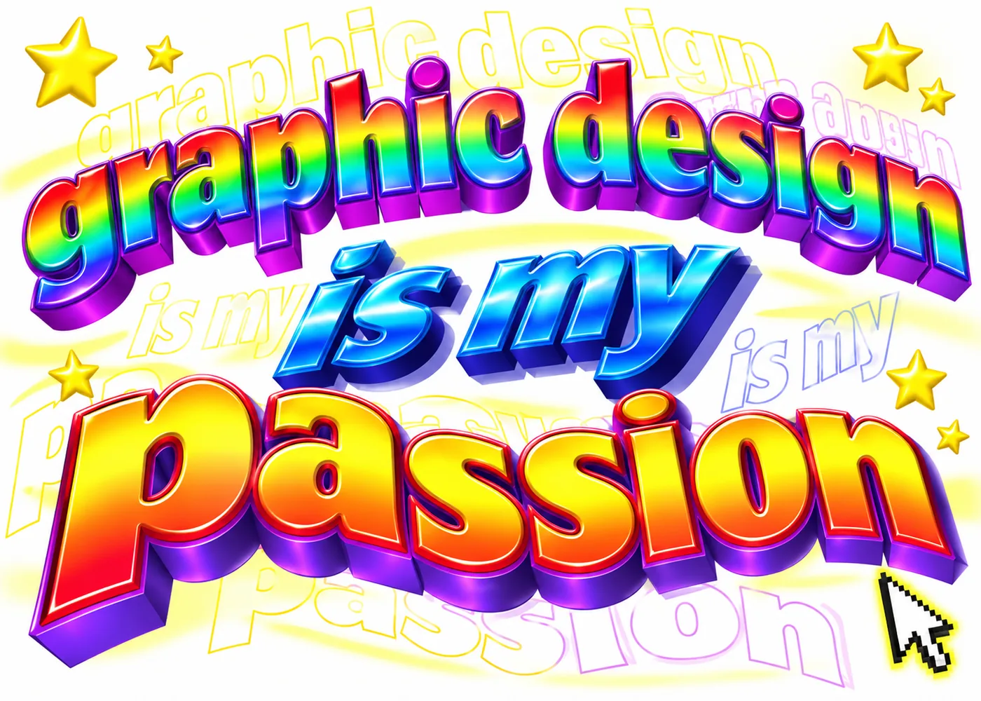 WordArt graphic design is my passion meme with layered rainbow 3D text, stars and a mouse cursor