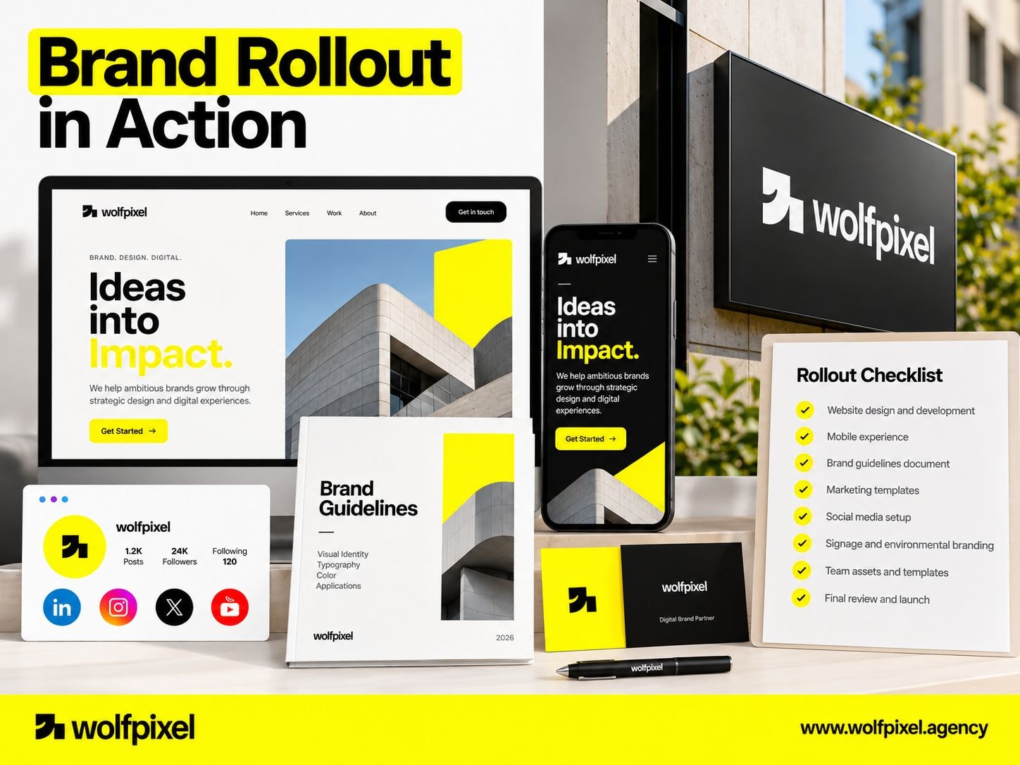 Brand identity rolled out consistently across website, mobile app, documents, signage and social profiles