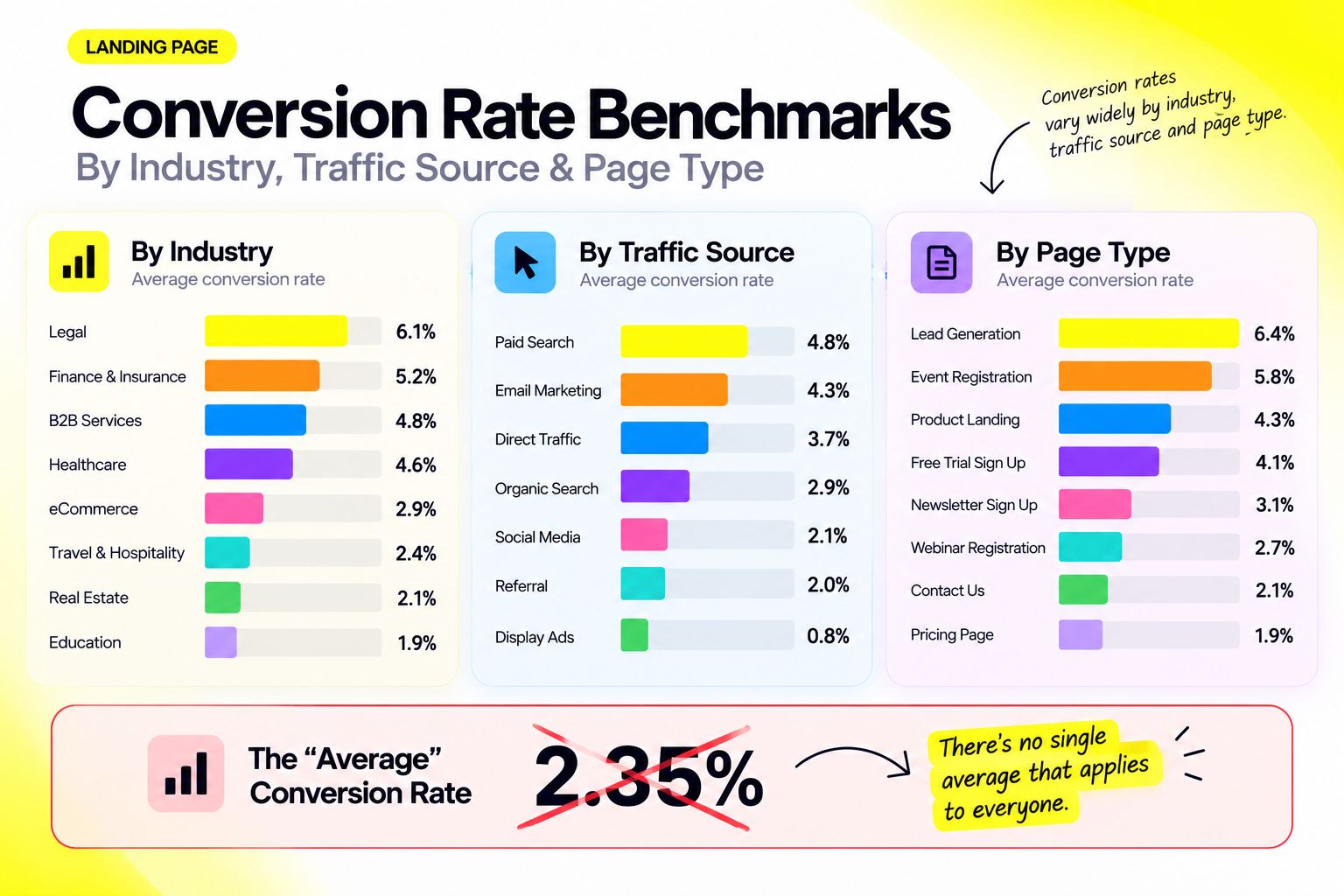 Landing page conversion benchmarks by industry, traffic source, and page type, with the blended average crossed out