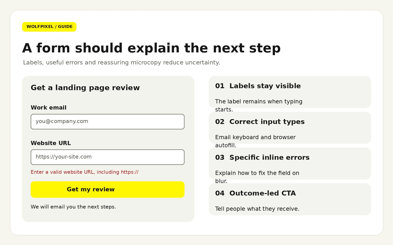 Annotated landing page form showing labels, input types, inline errors and button microcopy