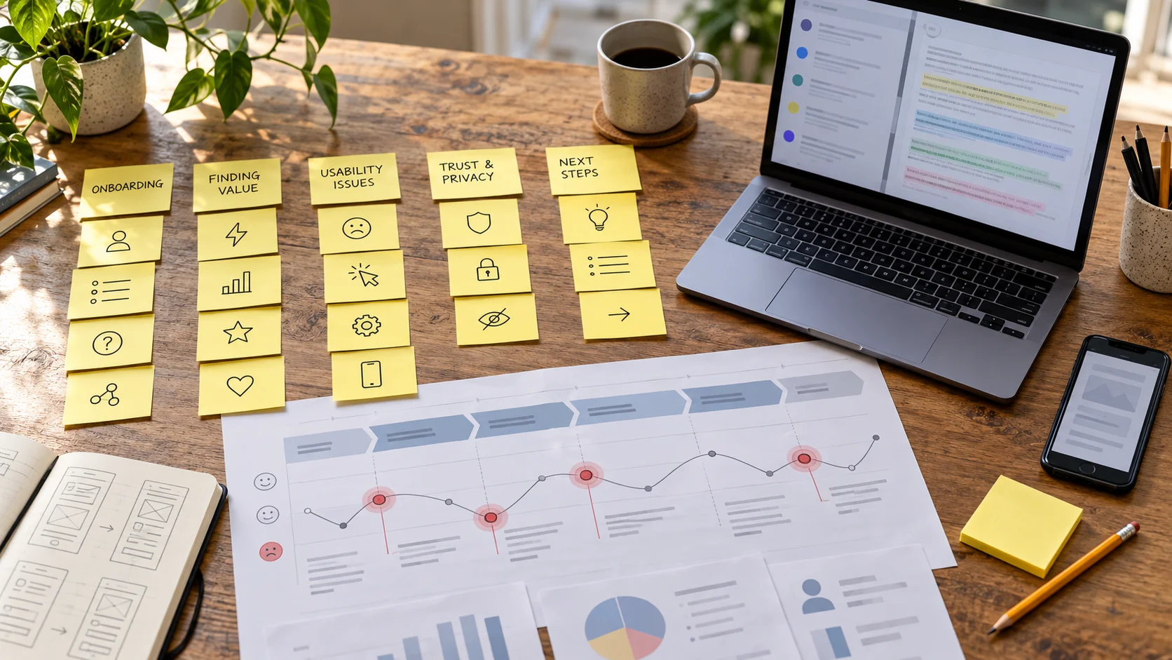 Research synthesis with sticky-note themes, journey map and interview notes