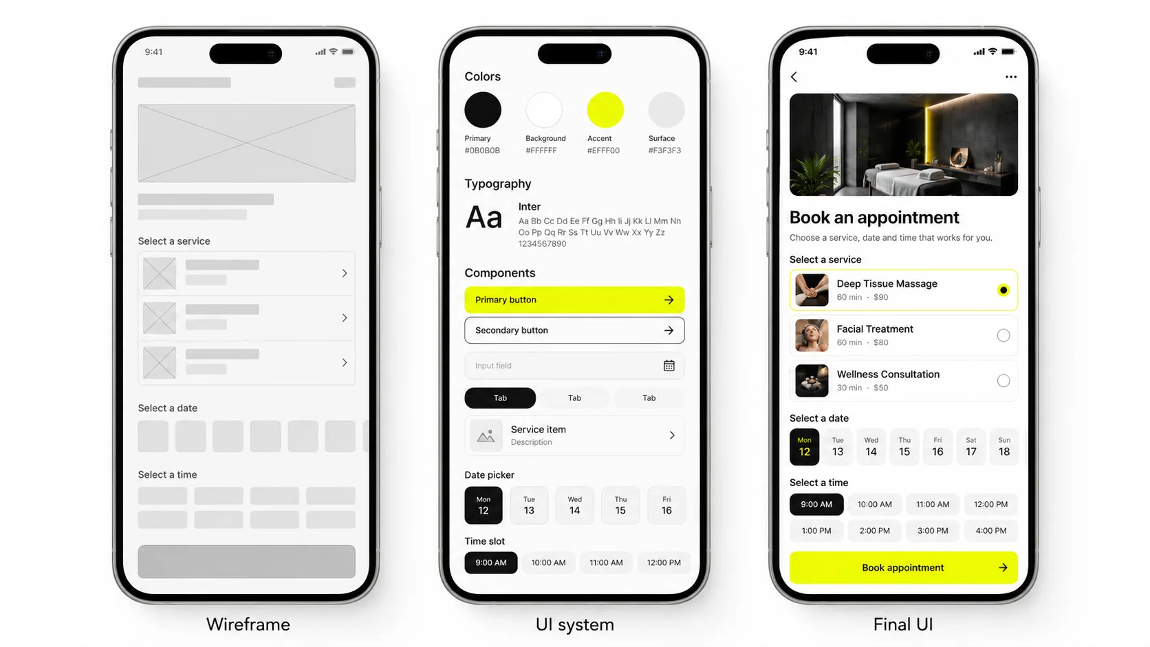 Mobile booking interface progressing from wireframe to UI system and final design