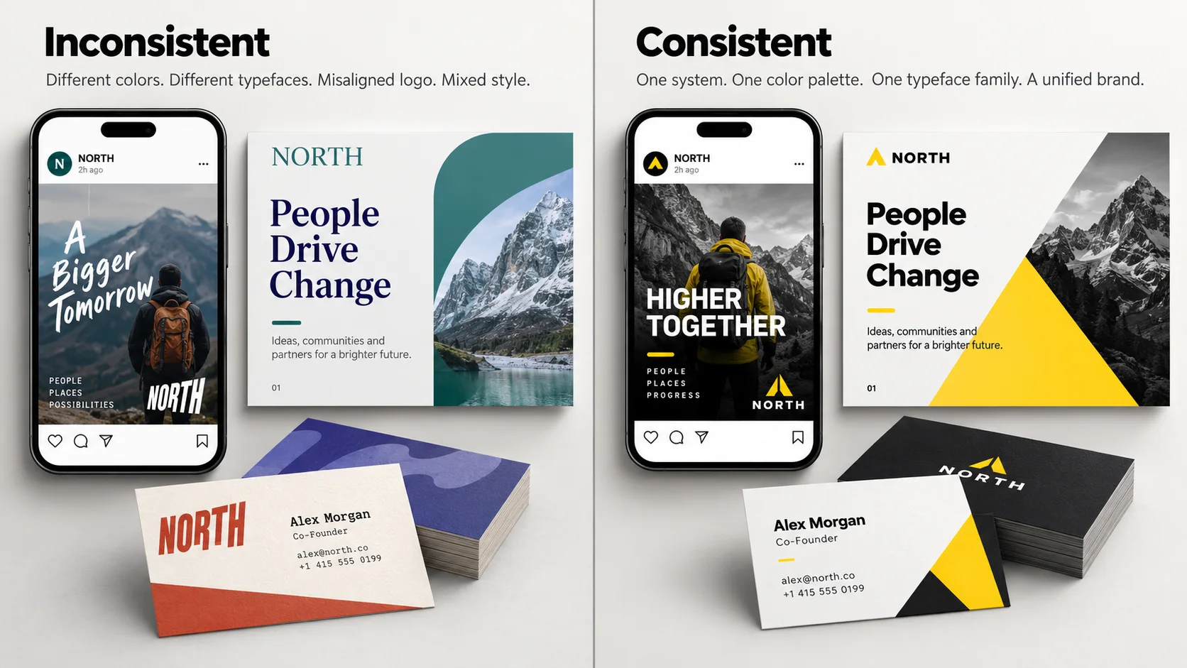 Illustrative inconsistent and consistent campaign assets for a fictional NORTH brand