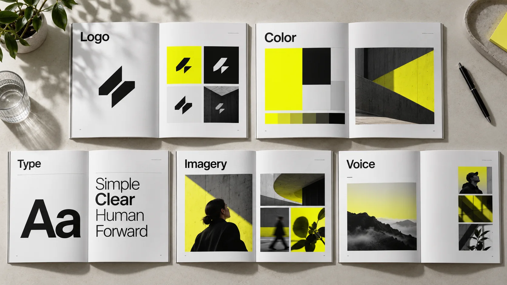 Illustrative guideline spreads covering logo, color, typography, imagery, and voice