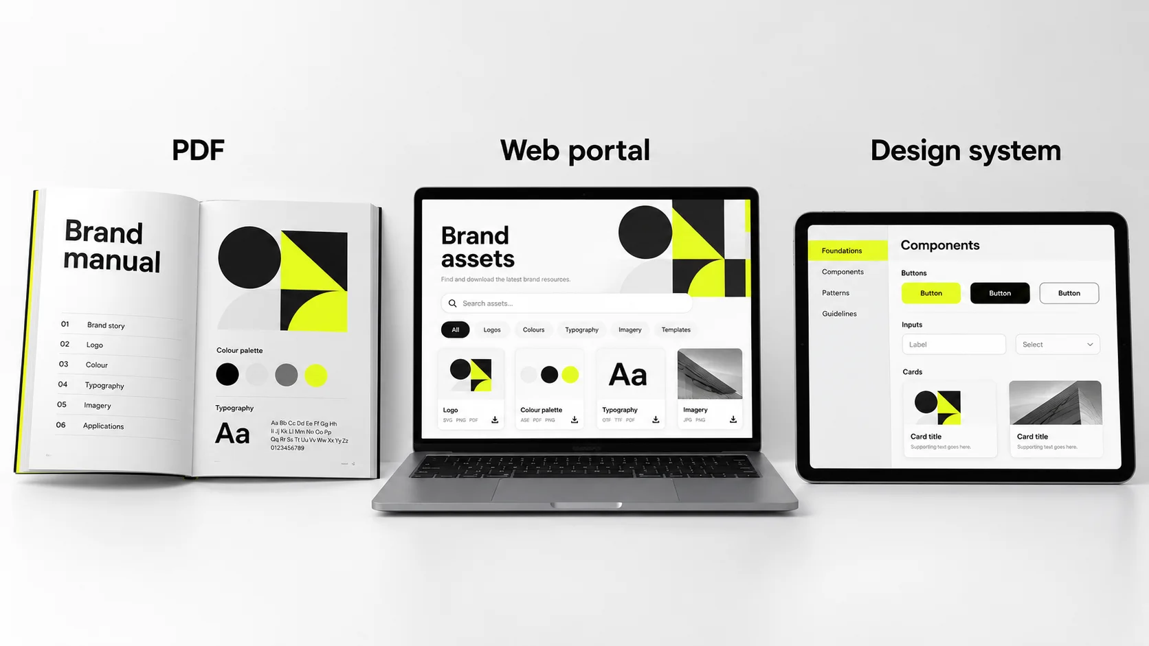 Illustrative brand guidelines as a PDF, web portal, and component library