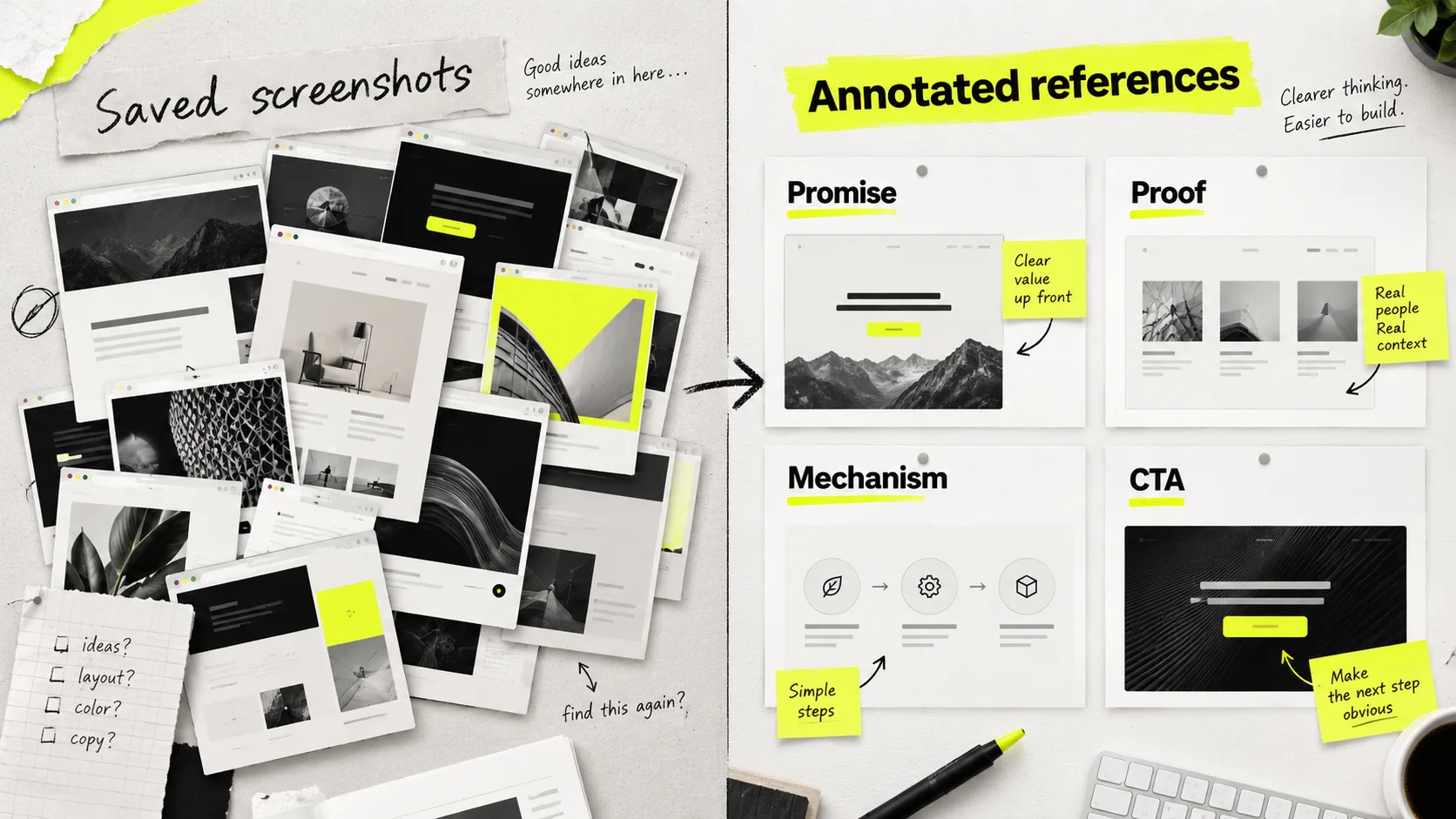Illustrative comparison of saved screenshots and an annotated reference board