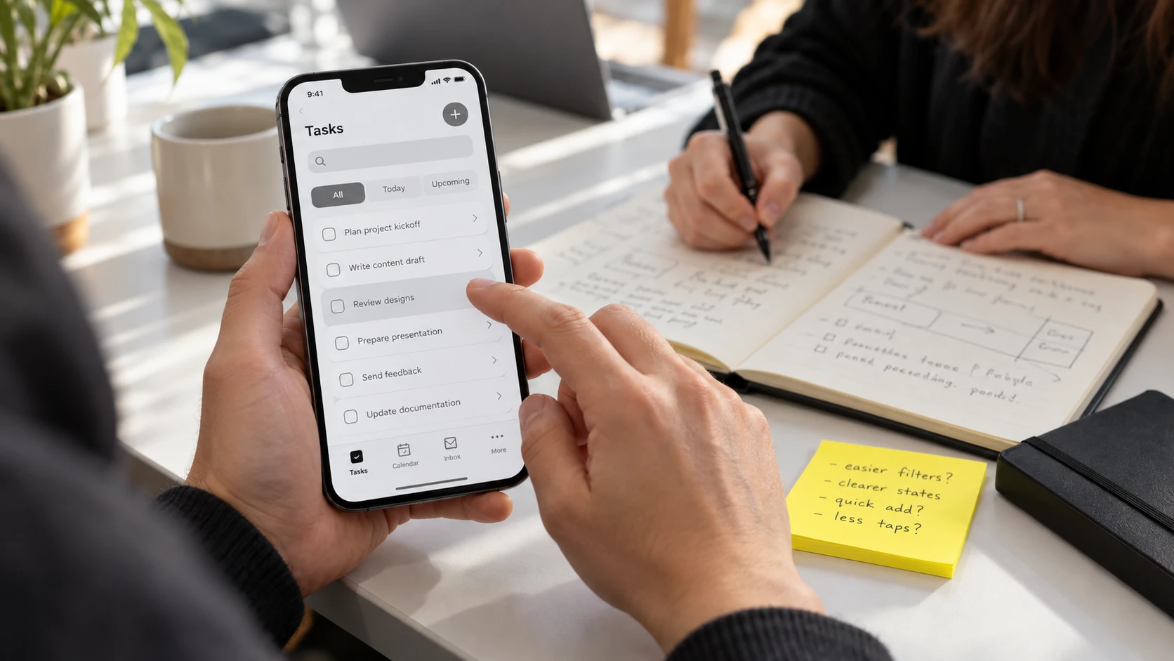 Illustrative user-testing session with a phone wireframe prototype and a designer taking notes
