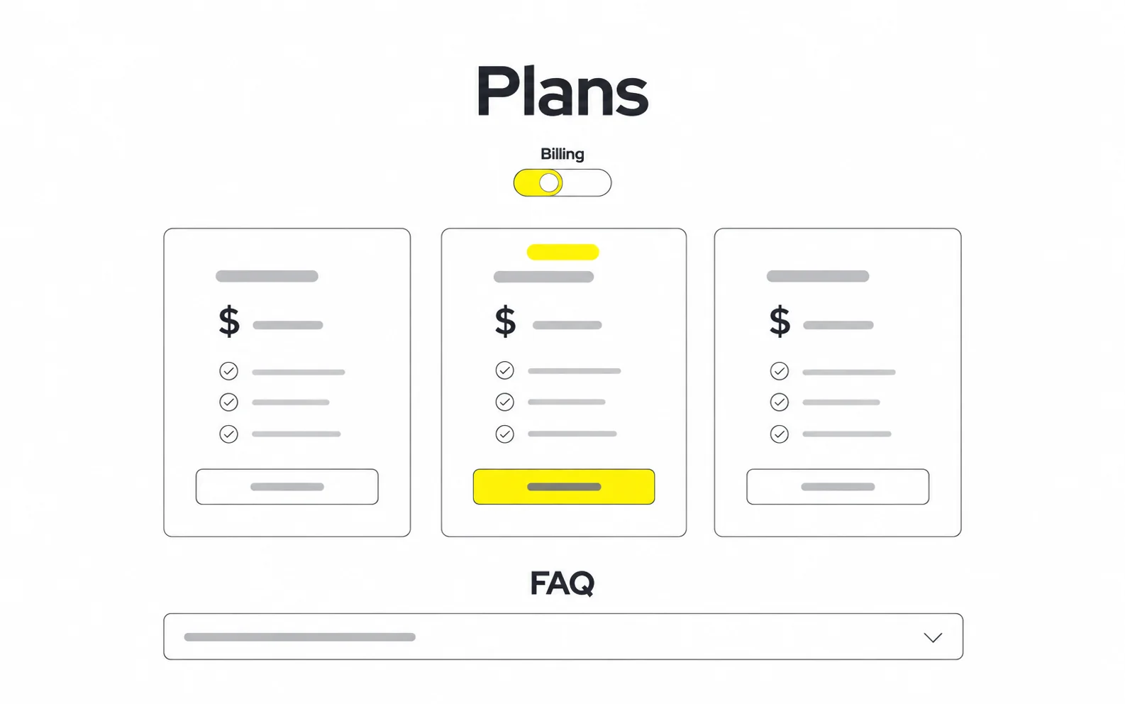 pricing page anatomy Minimal SaaS pricing page wireframe showing plan cards billing toggle and FAQ