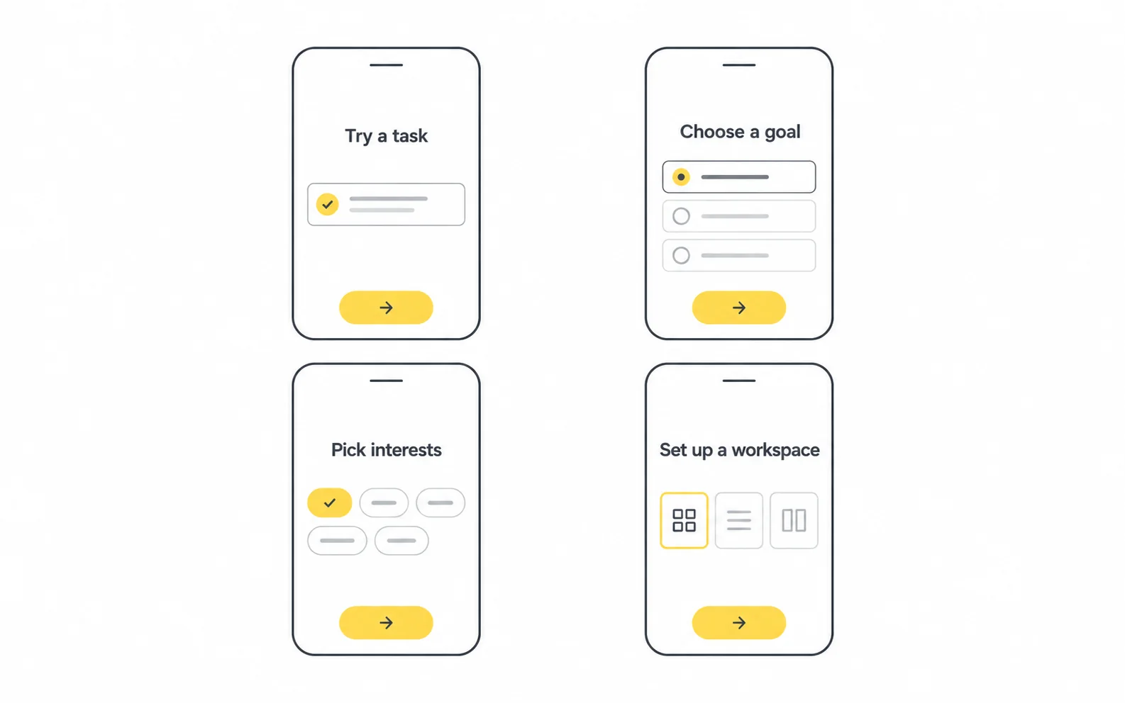 app onboarding ui patterns Four minimalist onboarding patterns showing first task goals interests and workspace setup