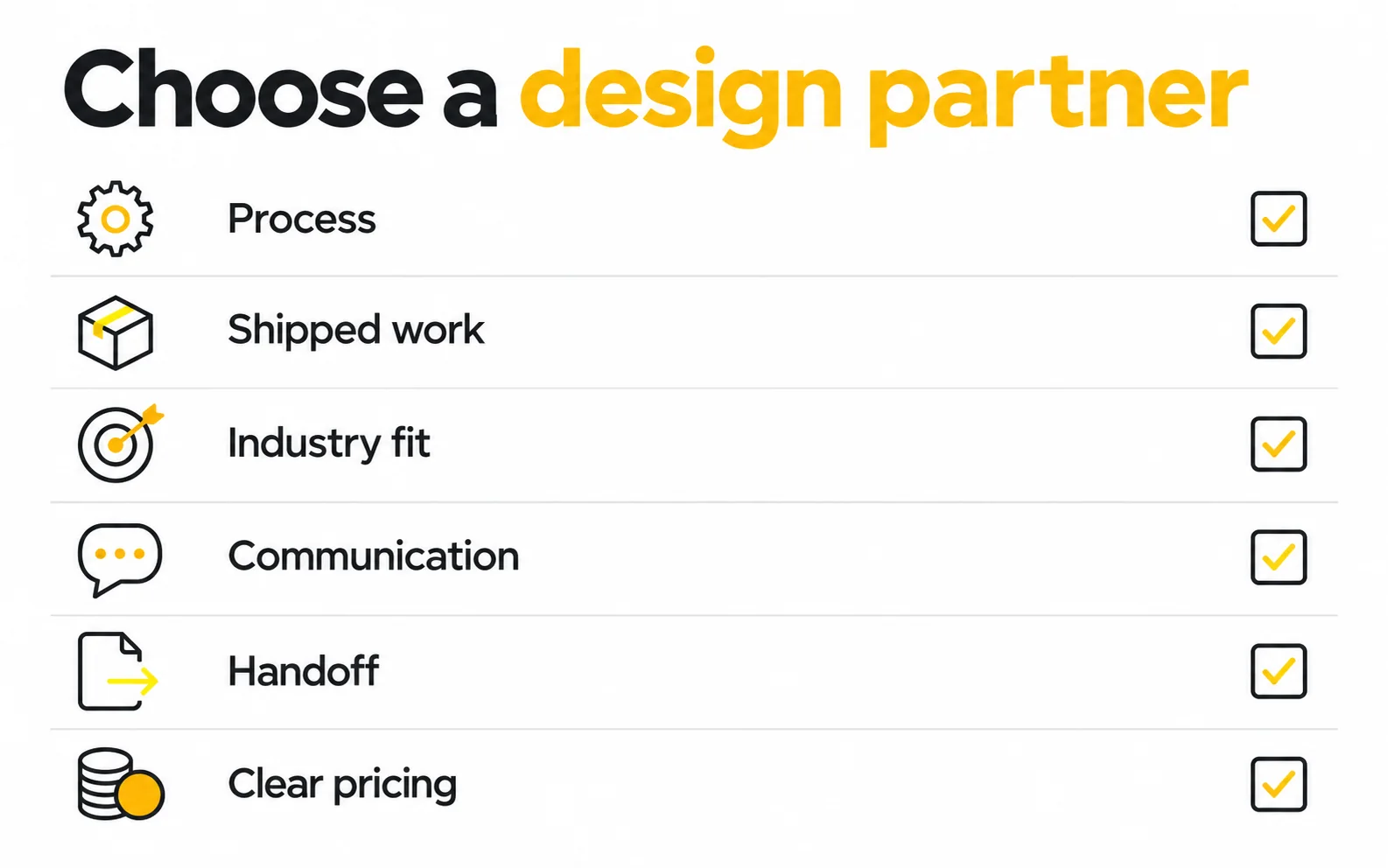 choose ui ux design partner Checklist covering process portfolio industry fit communication handoff and pricing