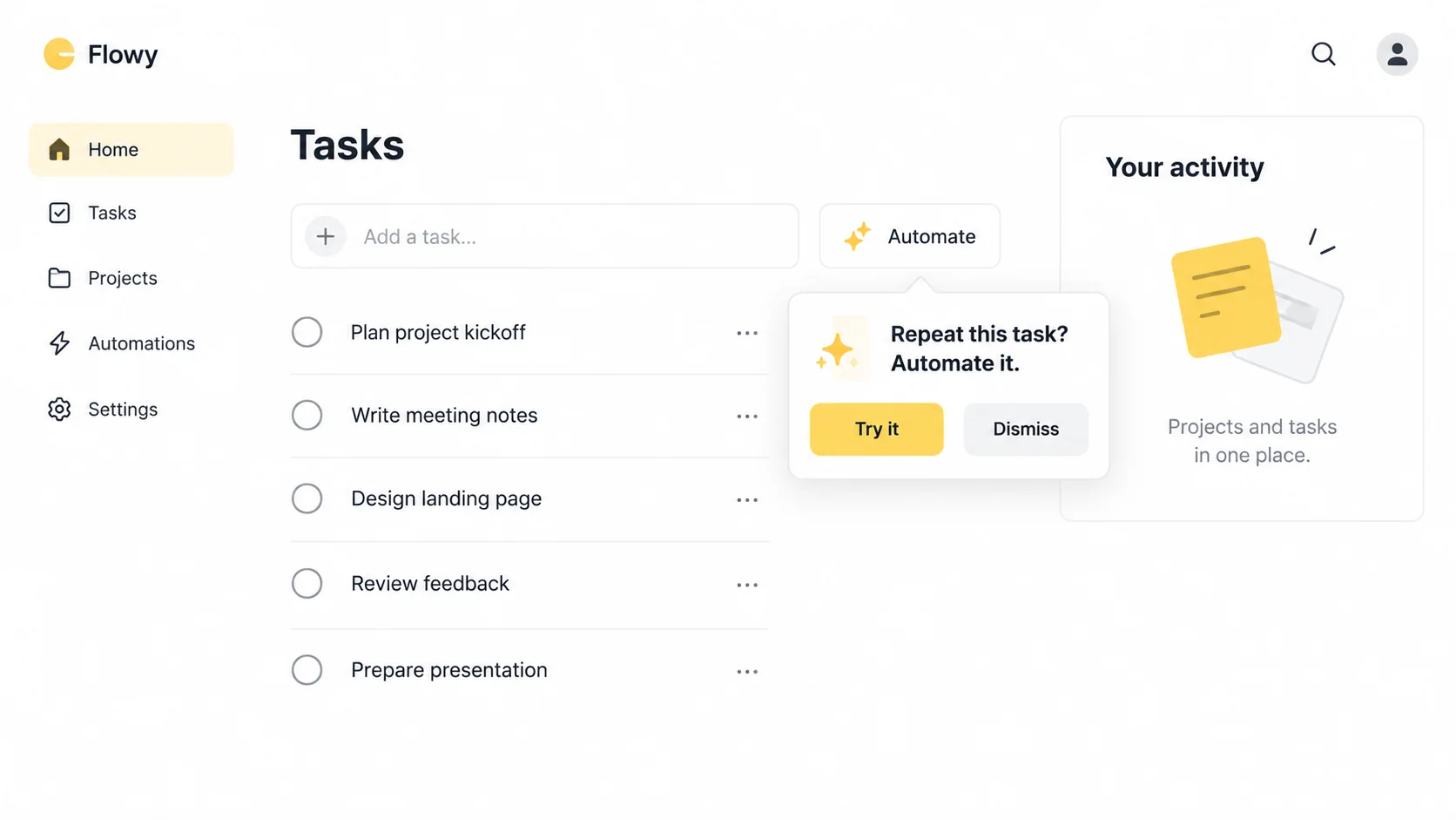 contextual feature adoption message Dismissible contextual automation tip with Try it button beside a task list